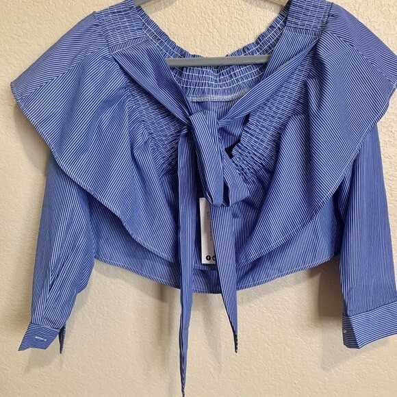 Boohoo top Blue striped Bardot crop top cuffed sleeve size 8 - Picture 4 of 11